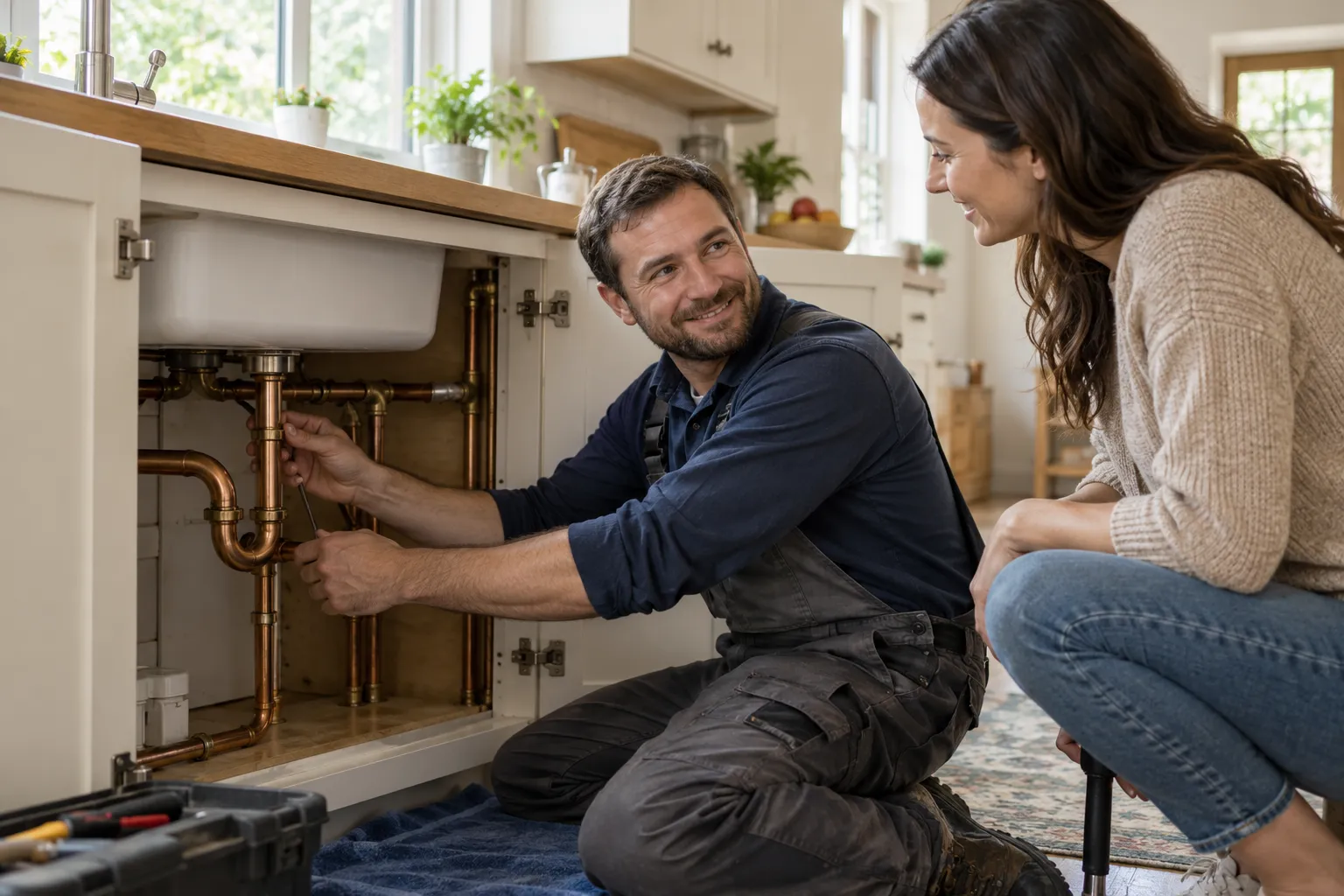 Local plumbing provider checking a pipe under a sink in the Lorain area